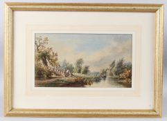 ENGLISH SCHOOL (19TH CENTURY) River scene with people fishing and boating, watercolour, 20cm x 36.