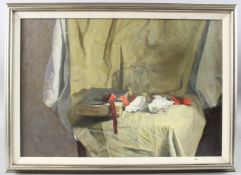 GEORGE WEISSBORT (1928 - 2013) Still life of a book and glass, oil on board, 35.5cm x 52.5cm
