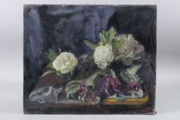 GEORGE WEISSBORT (1928 - 2013) Still life od white roses, oil on board, unframed, 38cm x 46cm