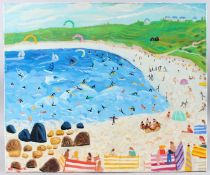 ALAN FURNEAUX (BRITISH b.1953) Beach scene with sunbathers and surfers, oil on canvas, signed,