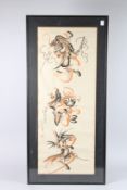 A CHINESE SCROLL PAINTING, painted with three free form stylised designs in red and black inks
