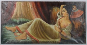 NAJIB YOUNIS (1930 - 2007 IRAQ). Reclining semi-draped woman with a fan. Oil on canvas. Signed.