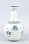 A CHINESE REPUBLICAN STYLE PORCELAIN BOTTLE VASE, painted with a mountainous river landscape and