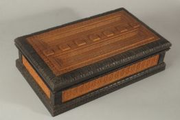 A VERY FINE LARGE 19TH CENTURY SRI LANKAN EBONY AND POSSIBLY SANDALWOOD ENGRAVED CASKET, 40cms x