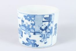 A CHINESE BLUE AND WHITE PORCELAIN BRUSH POT painted with female figures and children. 14.5cms