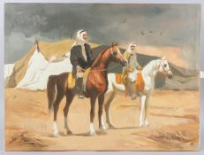 MIDDLE EASTERN SCHOOL (20TH CENTURY). Two Arab Horsemen. Oil on canvas. Signed. Unframed. 59.5cms
