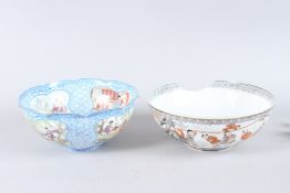TWO CHINESE EGGSHELL PORCELAIN BOWLS, one painted with panels of figures, the other with children in