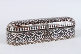 A VERY FINE AND LARGE OTTOMAN TURKISH MOTHER-OF-PEARL AND TORTOISESHELL INLAID PEN BOX. 13ins long.