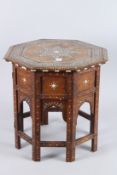 A 19TH CENTURY MOORISH OCTAGONAL FOLDING HARDWOOD TABLE, with bone inlaid decoration. 41cms diameter