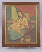 A LATE QAJAR OIL PAINTING ON CANVASS, depicting mother and child, framed, 60cms x 51cms overall.