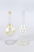 TWO 19TH CENTURY OTTOMAN TURKISH ENAMELLED CLEAR GLASS ROSEWATER SPRINKLERS. 10ins high.
