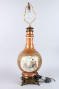 A SUPERB 19TH CENTURY SATSUMA BOTTLE VASE as a lamp with panels of figures and birds on a gilt