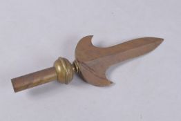 A 19TH-20TH CENTURY ISLAMIC BRASS FLAG FINIAL, 44cms high.