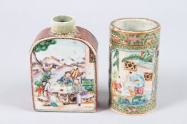 AN 18TH CENTURY CHINESE FAMILLE ROSE TEA CADDY with panels of figures, 4.5ins high, and a Canton
