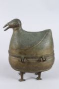 AN ISLAMIC BRONZE DUCK BASKET AND COVER on four claw feet. 10ins high.