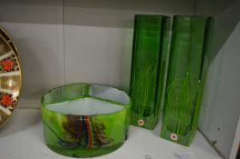 Stylish green glass three section dish and a pair of glass vases.