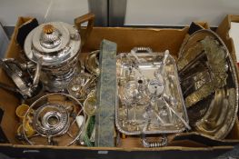 A good collection of plated items to include a large teapot, adjustable dish stand etc.