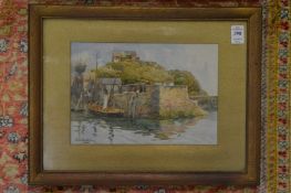 George Hodgson, boats moored at a harbour wall another picture of a water mill, signed.
