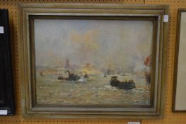 A Horne, Steam tug boats on a river, oil on board, signed.