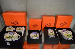 A Wedgwood Clarice Cliff collection Bizarre Blue Firs three piece tea service, boxed together with a