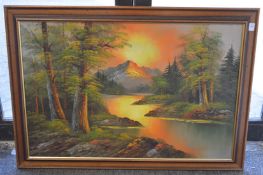 Wooded river landscape at sunset, oil on canvas.