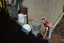 A galvanised wheelbarrow, galvanised buckets, bread bin etc.