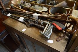 Fireside tools, walking sticks etc.