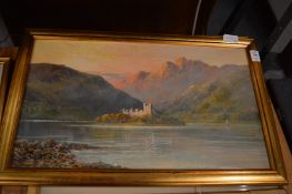 W Richards, Loch Awe, Kilcharn Castle, oil on canvas together with a watercolour and three prints.