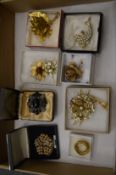 A collection of decorative brooches.