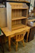 Pine side table, bookcase and chair.