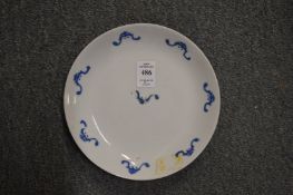 A pair of Chinese dishes, white ground with blue enamel decoration.