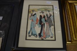 A group of three Japanese wood block prints depicting female figure subjects.