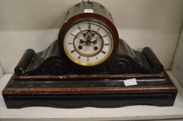 A large Victorian slate mantel clock with breguet visible escapement, the dial signed Henry Marc,