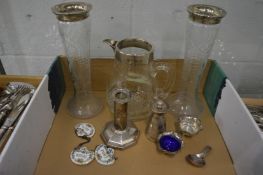 A pair of cut glass and silver mounted vases and other silverware etc.