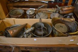 Quantity of metalware to include bed warming pan, coal scuttle, preserve pan, copper kettles etc.