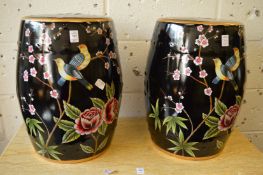 A pair of Chinese style barrel seats painted with birds.