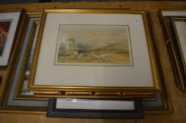 Mountainous rural landscape, watercolour together with various other paintings and prints.