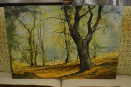 Mervyn Goode, a woodland slope in autumn, oil on board, unframed.