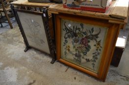 An oak fire screen with needlework panel together with a wool work picture, framed and glazed.