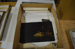 A quantity of unframed artwork and a Chinese lacquer panel.