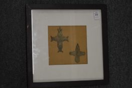 Small bronze crosses, framed and glazed.