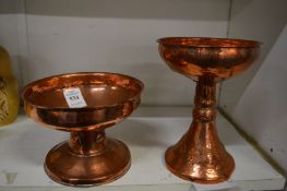 An Arts and Crafts copper pedestal bowl and similar chalice.