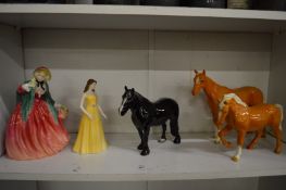Two Doulton figurines and three Beswick horses.