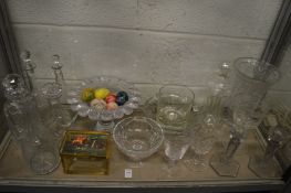 A collection of glassware to include a casket enamelled with a hunting scene and a large engraved