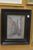 Street scene with figures, oil on canvas laid onto board, indistinctly signed.