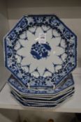A set of eight octagonal shaped blue and white plates.