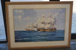 After Montague Dawson, ships at sea, colour print.