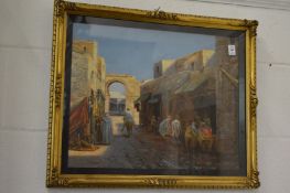 Arab street scenes with figures, colour prints in decorative gilt frames, a pair.