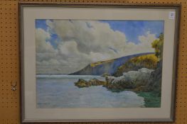 C H Drummond, coastal scene with cliffs and ships, watercolour.