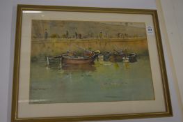 Alasdair MacMillain, moored fishing boats at a harbour wall, watercolour.
